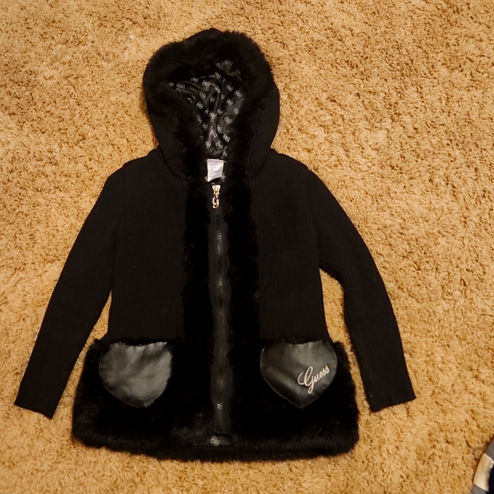 Guess girls size 5/6 black jacket with black fur bottom & fur trim. Worn once.
